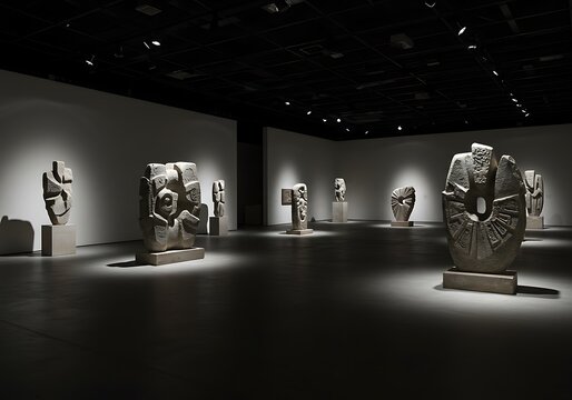 Abstract stone sculptures displayed in modern art gallery with dramatic lighting
