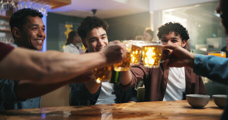 Friends, men and cheers with beer in bar for reunion celebration, night out and bonding. Happy hour, weekend and people with beverage toast in pub for social gathering, party and group appreciation