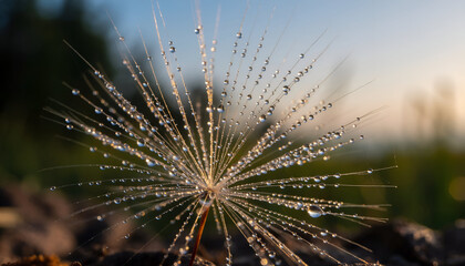 Close up of a dandelion seed head covered in sparkling water droplets at sunrise with soft golden light illuminating the delicate structure against a blurred natural background of green foliage and