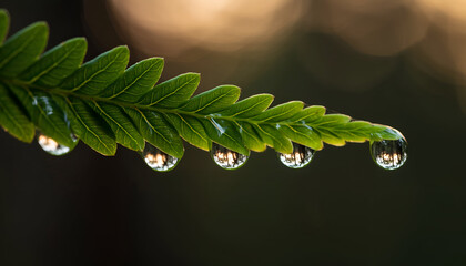 Close-up of a vibrant green fern frond with glistening water droplets suspended from its edges catching the warm sunlight against a softly blurred dark background