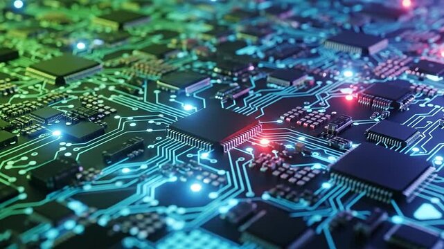 Detailed Macro View of a Complex Electronic Circuit Board with Glowing Blue and Green Light Pathways and Red Indicator Lights Illuminated