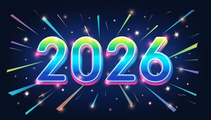 A vibrant glowing 2026 text artwork featuring colorful light effects