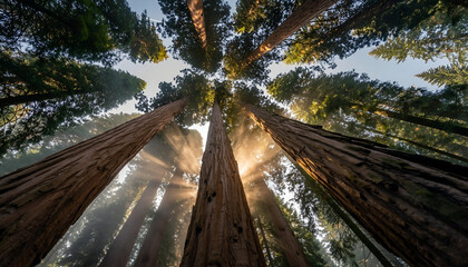 Majestic Tall Redwood Trees In A Forest With Golden Sunbeams Shining Through The Canopy Creating A Heavenly Glow And Awe Inspiring Atmosphere During Daytime