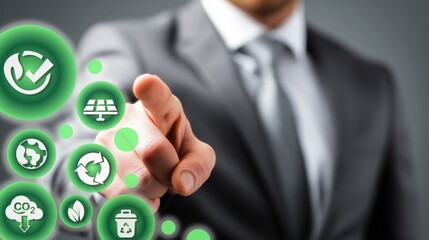 Businessman in formal suit uses finger to interact with glowing green eco icons: recycling symbol, solar panel, earth, CO2 reduction, leaf, recycling bin; embodying sustainable business