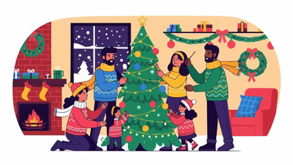 Family Decorating a Christmas Tree Together Indoors.