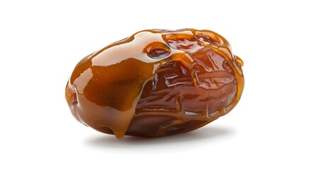 Obraz premium Close up of a date fruit covered with caramel sauce isolated on white background
