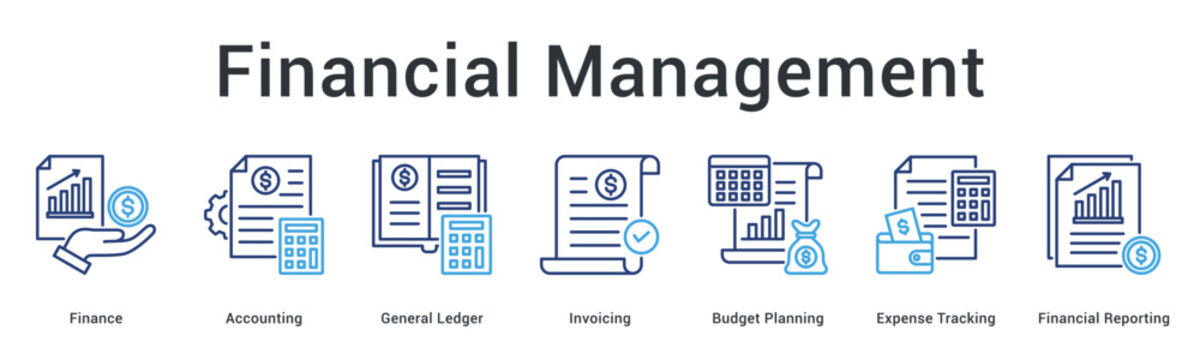 Financial management banner web icon covers accounting ledger invoicing budget planning and expense tracking comprehensively.