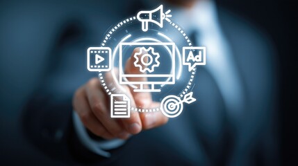 Businessman in suit uses finger to interact with glowing icons (megaphone, video, gear, ad, document, target, tech circle); representing digital marketing, ad strategy, tech setup