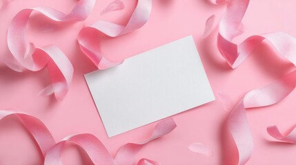 Elegant White Card Floating Above Soft Pink Ribbon, Perfect for Personal Messages or Invitations