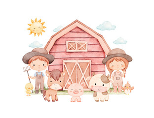 Watercolor Illustration Farmyard Scene with Kids and Animals