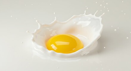 Egg yolk splashes into liquid creating dynamic abstract form against a backdrop