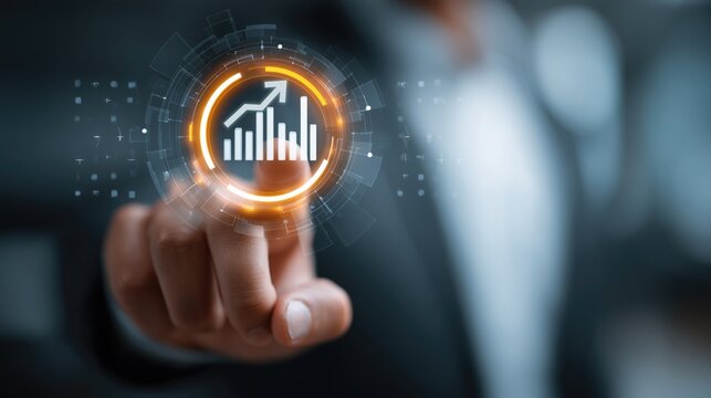 Businessman in suit uses finger to interact with glowing bar chart (upward arrow) in tech circle (orange glow, digital elements); representing business growth, data performance and corporate progress  - Powered by Adobe