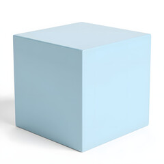 Photorealistic pastel blue wooden cube on white background, minimalist design