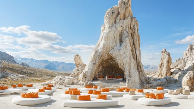 Outdoor lounge area, white rock formations, orange cushions - Powered by Adobe