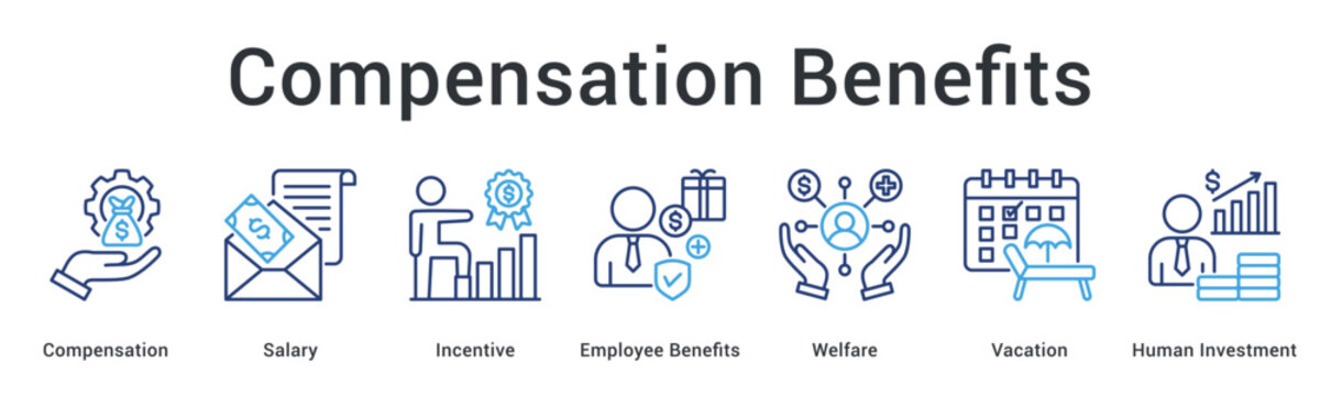 Compensation benefits banner web icon displaying salary and incentives with welfare programs and vacation investment planning.