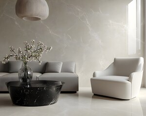 Modern Minimalist Living Room Interior with Beige Marble Wall