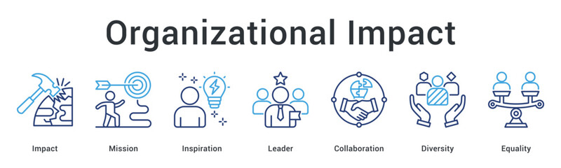 Organizational impact banner web icon demonstrating mission and inspiration through leadership, collaboration, diversity, and equality.