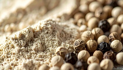 Close-up of ground white pepper powder and whole peppercorns for spice and seasoning background.