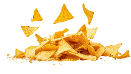 Pile of tortilla chips with crispy salted corn triangles crunchy snack pieces golden fried texture flavorful food detail isolated on white background