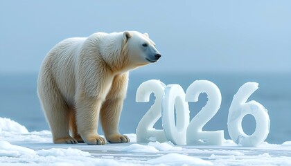 A polar bear is standing next to a year 2026 made of ice representing occasion of new year