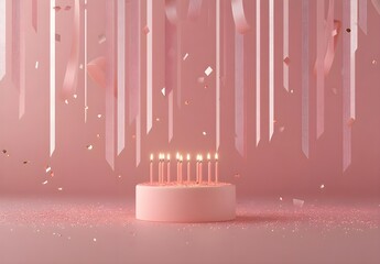 Pink Birthday Cake with Falling Confetti and Ribbons