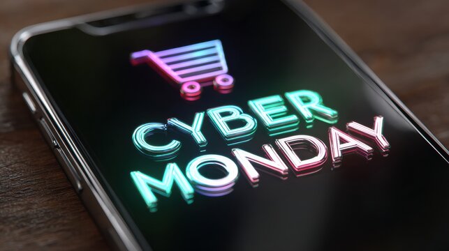Smartphone Displays Holographic Shopping Cart With Cyber Monday Text Promoting Online Sales and E-Commerce Deals