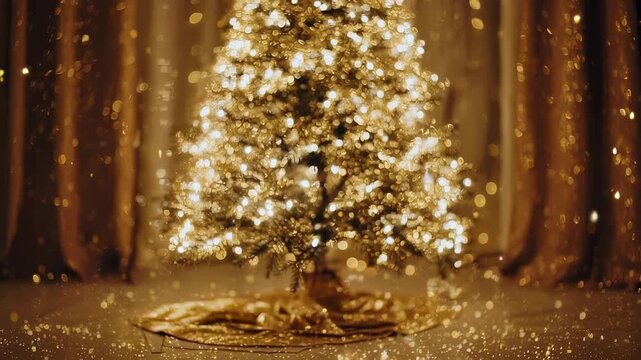 A blurred, warm-toned image of a Christmas tree illuminated by many lights