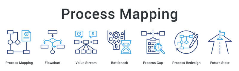 Process Mapping banner web icon visualizes workflow through flowcharts identifying bottlenecks and gaps for redesign.