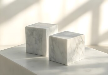 Minimalist Marble Cubes on White Marble Surface with Sunlight