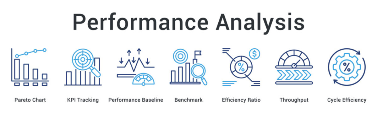 Performance Analysis banner web icon tracks KPIs against baseline benchmarks measuring efficiency ratios and throughput cycles.