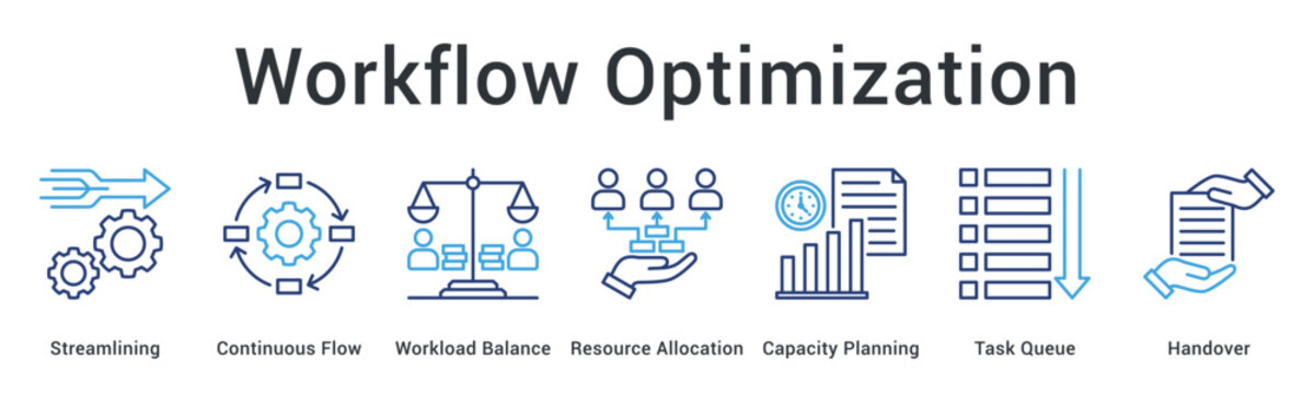 Workflow Optimization banner web icon streamlines continuous flow balancing workload through resource allocation and capacity planning.