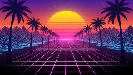 Retro wave synthwave background with palm trees sunset and grid landscape illustration wallpaper design