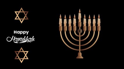 Happy Hanukkah greeting background with golden menorah, Star of David symbols, and elegant black festive design for holiday celebrations - Powered by Adobe