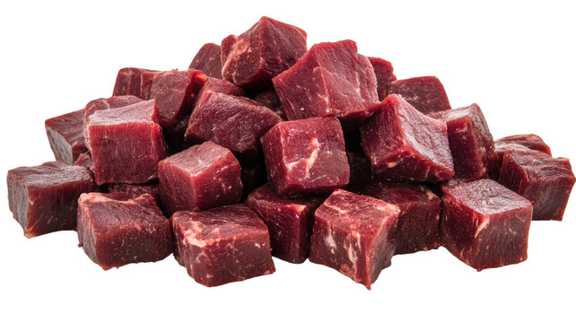 Pile of beef cubes with fresh red meat chunks raw textured pieces savory protein ingredient butcher cut detail isolated on white background - Powered by Adobe