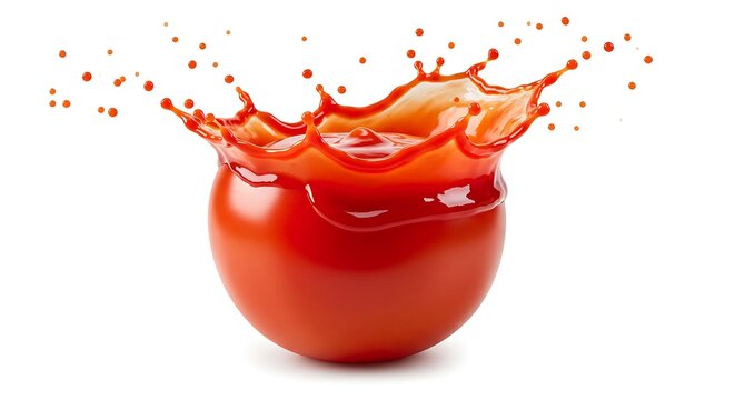 Tomato fruit with splashing red juice isolated on white background