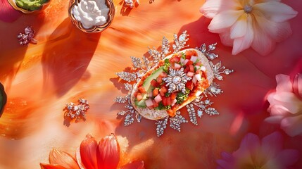 Gourmet Taco with Jewel-like Garnish on Vibrant Orange Background