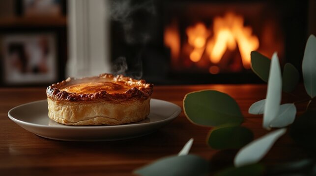 tremble. Golden-crusted meat pie steaming on ceramic plate with eucalyptus leaves, perfect for food branding and culinary content, ideal for chefs and restaurant marketers, versatile for. designed.