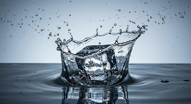 Water splash crown formation with droplets macro shot abstract concept
