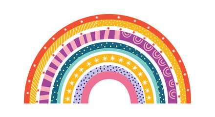 Vibrant rainbow illustration with playful patterns, perfect for children's designs and cheerful backgrounds, evokes happiness and imagination for joyful projects