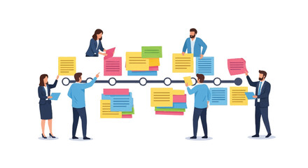 Fototapeta premium Team Collaboration on Timeline with Sticky Notes for Project Management and Workflow
