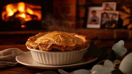 tremble. Golden-crusted meat pie steaming on ceramic plate with eucalyptus leaves, perfect for food branding and culinary content, ideal for chefs and restaurant marketers, versatile for. designed.