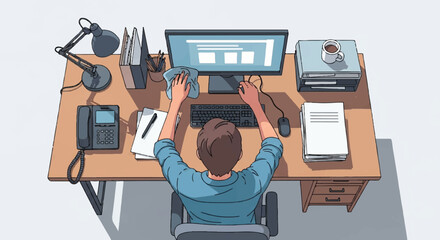 A person cleaning a desk with a computer and office supplies, emphasizing organization and cleanliness