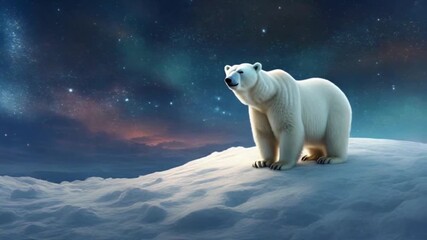 An enchanting polar bear standing on a snowy hill beneath a breathtaking, glittering galaxy and a vast cosmic night sky
