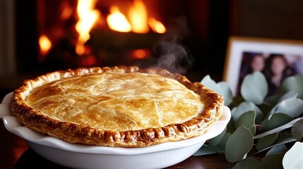 tremble. Golden-crusted meat pie steaming on ceramic plate with eucalyptus leaves, perfect for food branding and culinary content, ideal for chefs and restaurant marketers, versatile for. designed.