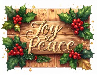 Joy and Peace Holiday Greetings on Wood with Holly and Berries