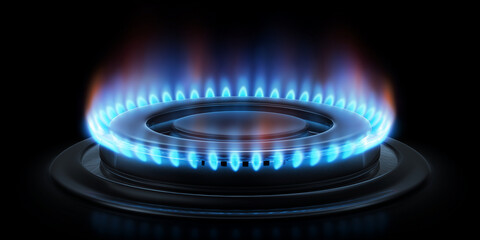 Blue flame burns brightly on gas stove, creating warm and efficient heat source. vivid blue color indicates complete combustion, ensuring safety and energy efficiency