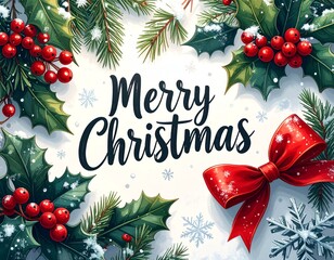 Christmas Decoration with Holly Berries, Bow, and Evergreen Branches