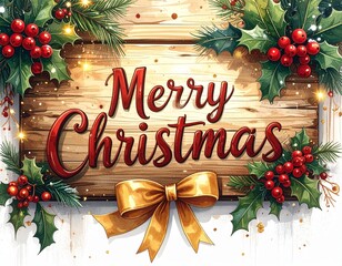 Festive Christmas Greeting on Rustic Wooden Sign, Adorned with Holly Berries and a Golden Bow