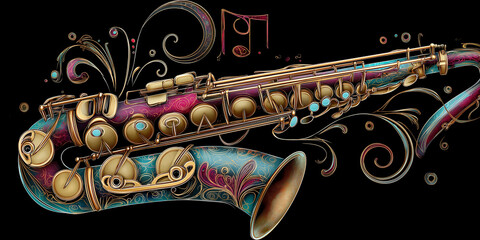 Vibrant saxophone with intricate metallic gold line art and swirling patterns on black background, exuding elegance and musical charm