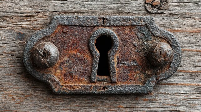 cynic. Antique prison door lock with rusted keyhole, heavy iron construction and patina on weathered wood. real-estate listings.